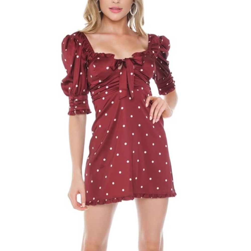 For Love And Lemons Davies Satin Burgundy Polka Dot Swing Mini Dress Size Small